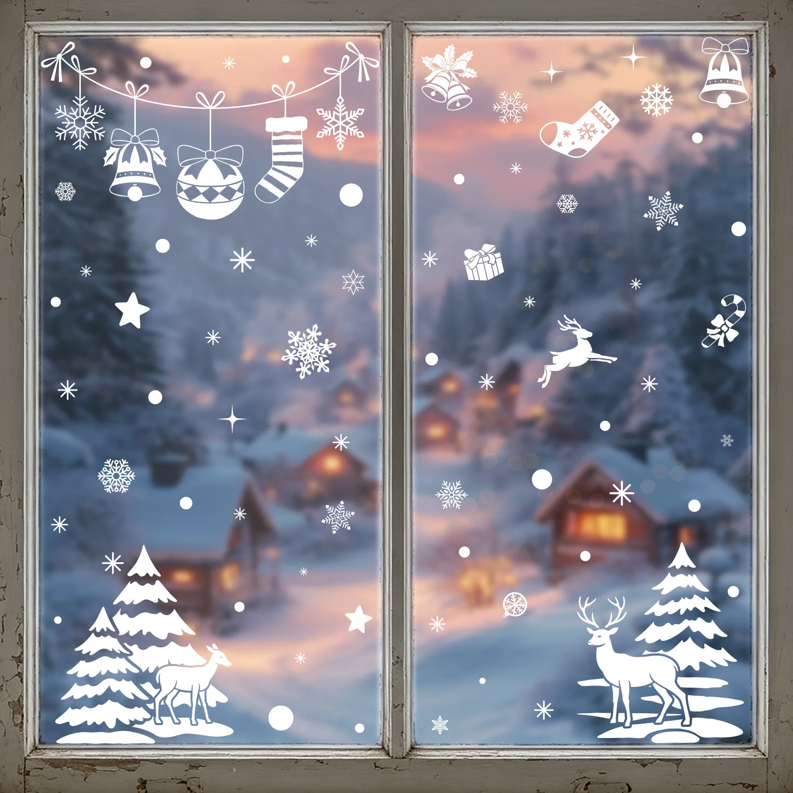 Christmas Static Window sticker, Snowflake Bell Christmas Tree Elk Snowman Glass Stickers, Xmas Decals for Home Party Decoration