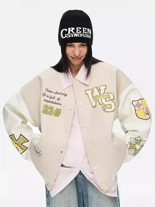 

Ретро американский Sle лоскутный цвет Blo Baseball Jaet Свободная кожаная све Мужская весенне-осенняя парная полиэфирная ткань