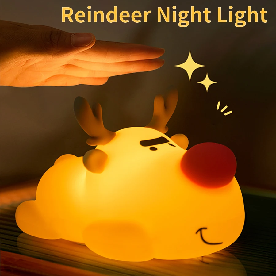 Luz nocturna de silicona de Reno para niños, lámpara táctil recargable, regalo de cumpleaños y Navidad, decoración de dormitorio de cabecera de Animal