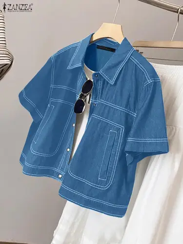 Imagen 1 del producto ZANZEA-camisas de punto de contraste tipo mezclilla para mujer, camisa con botones de manga corta con cuello vuelto a la moda, ropa de calle, Top para mujer 2025