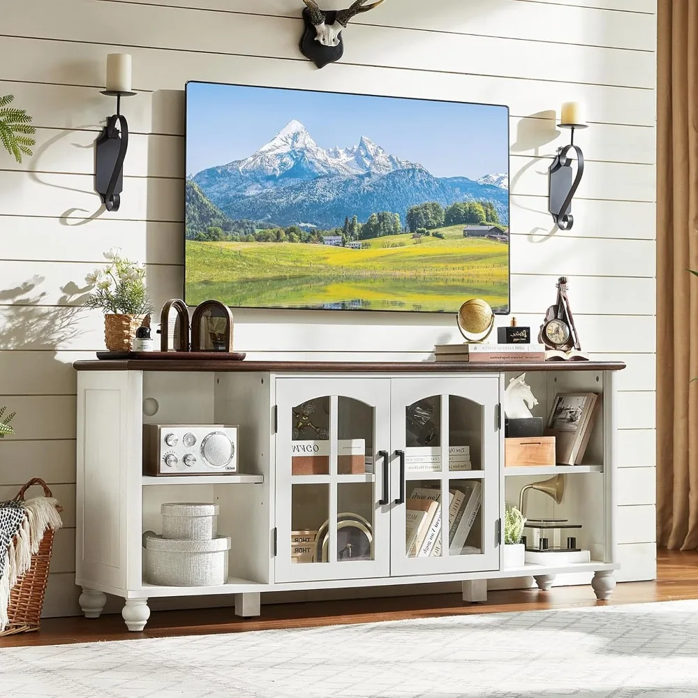 

Farmhouse TV Stand for 60 Inch TV, Wood Entertainment Center with Glass Door Storage Cabinet & Adjustable Shelves