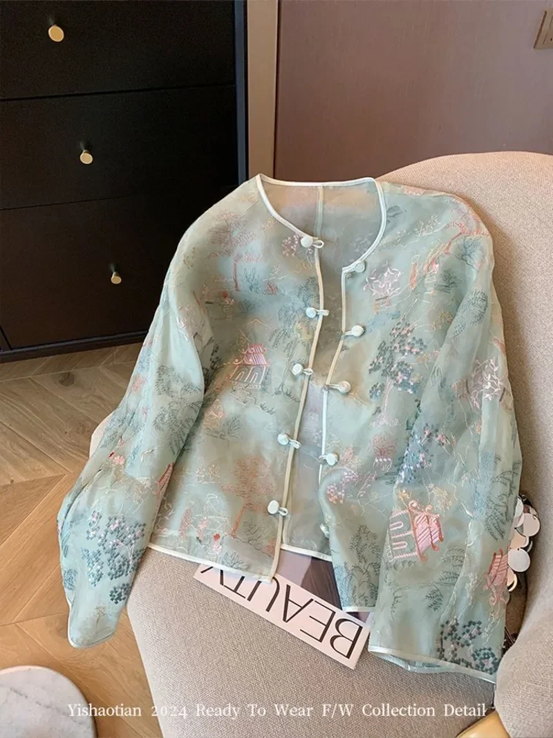 Spring Summer New Chinese Lace Embroidery Coat Women Qipao Tops High Quality Loose Elegant Long Sleeves Thin Tang Outerwear J304