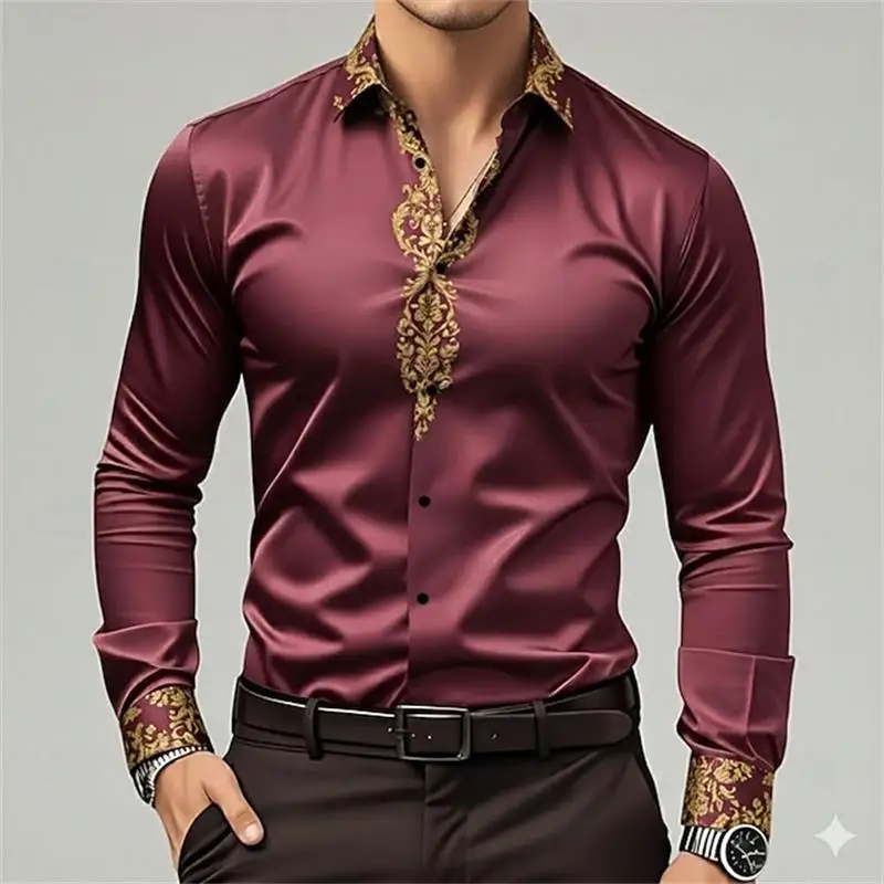 Camisa de manga larga a la moda para hombre, camisa informal con estampado 3D y botón de solapa, camiseta cómoda de manga larga
