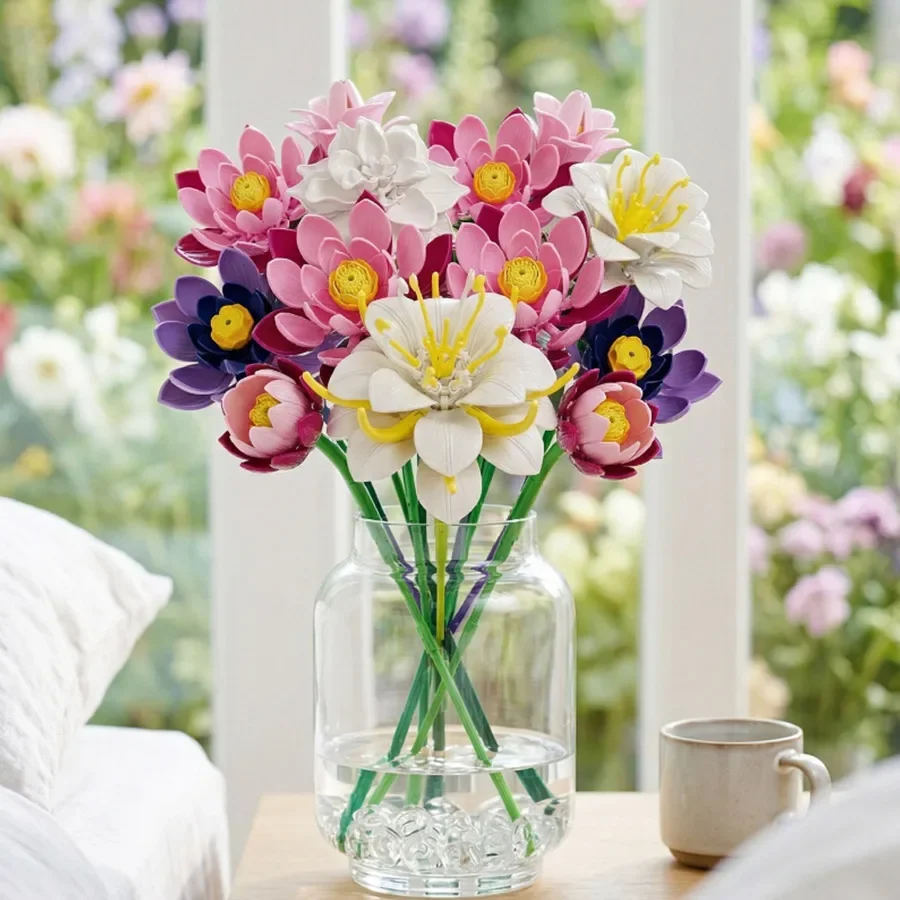 Eternal Lotus Flower Bouquet Building Blocks Set Artificial Botanical Flowers DIY Home Desk Decor Mothers Day Birthday Gift