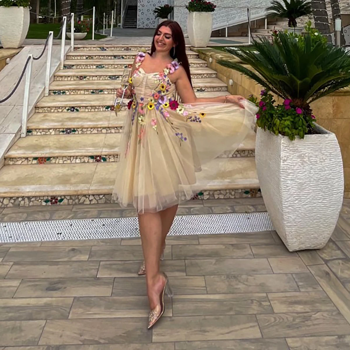 Customized Bloom Floral Embroidery Off Shoulder Prom Dress Lace Up Fantasy 3D Flowers Garden Colorful Birthday Evening Gown