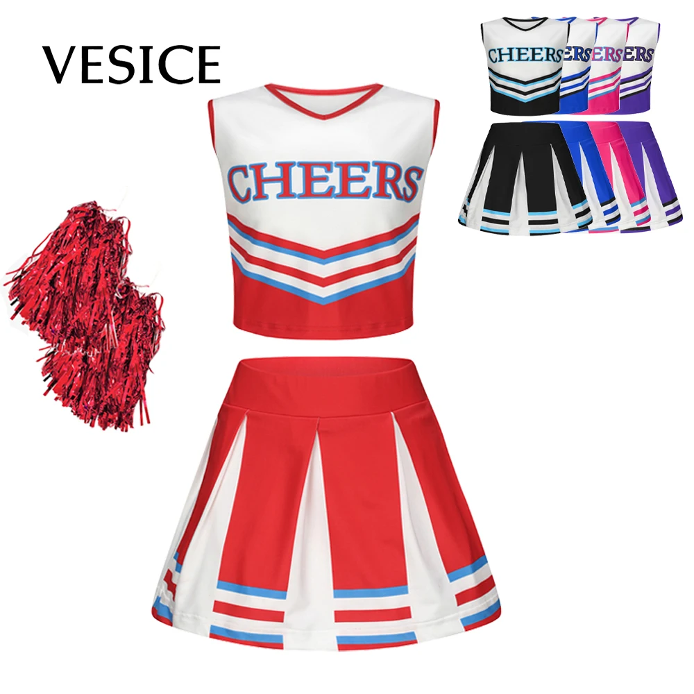 Children Cheerleader Girls Cheerleading Uniform Cheer Dance Kids Sleeveless Pleated Print Dress Schoolgirl Squad Cosplay Costume