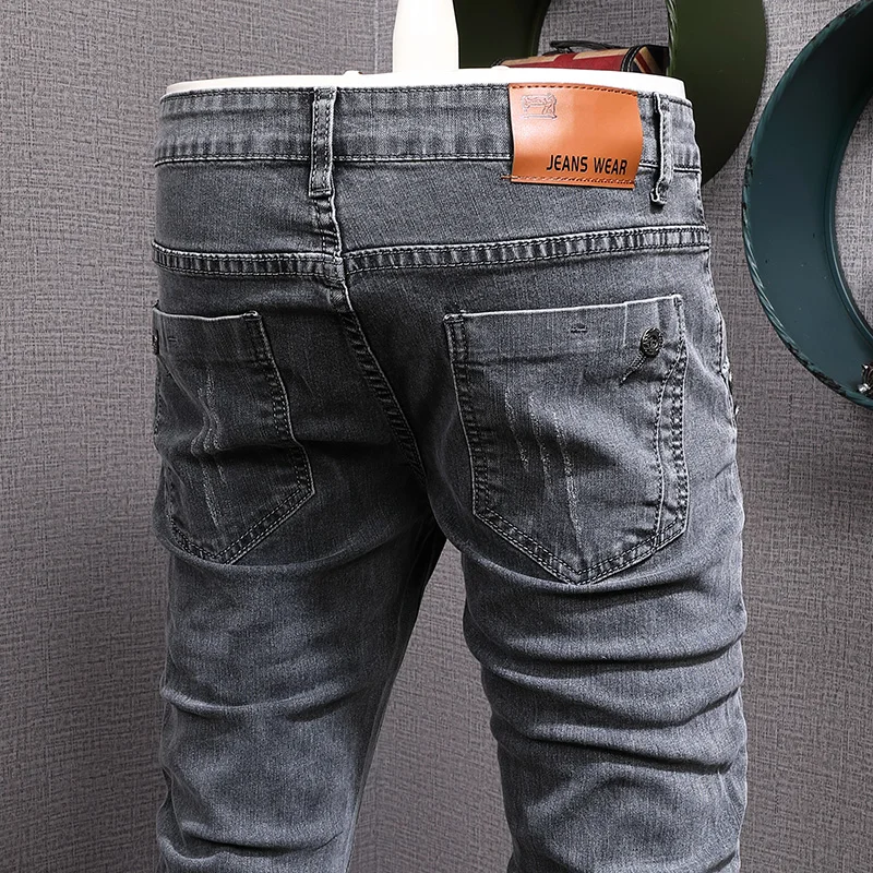 Street Designer Fashion Men Jeans Retro Washed Gray Stretch Skinny Fit Ripped Jeans Men Y2K Vintage Casual Denim Pencil Pants