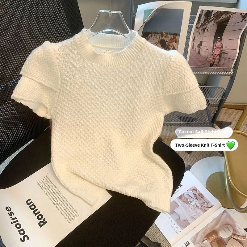 

Women's Summer New Style Ice Silk Short Sleeve Knitted Top Thin Design Sense T-Shirt Half High Collar Korean Version Commute