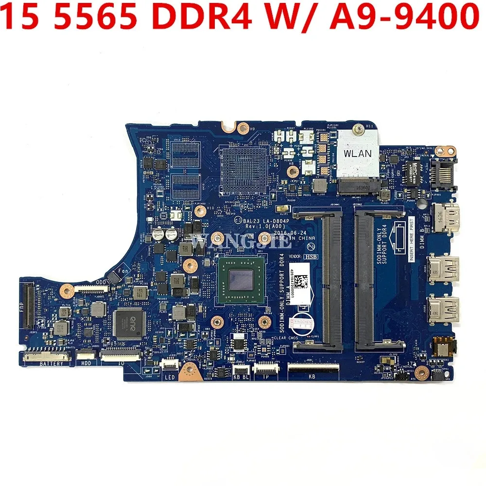 For Dell Inspiron 15 5565 Laptop Motherboard KF2J6 0KF2J6 CN-0KF2J6 LA-D804P Used DDR4 W/ A9-9400 CPU 100% Working