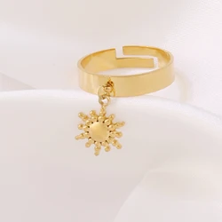 316L Stainless Steel Sun Pendant Open Rings For Women Fashion Gold Color Sun Adjustable Ring Jewelry Gift