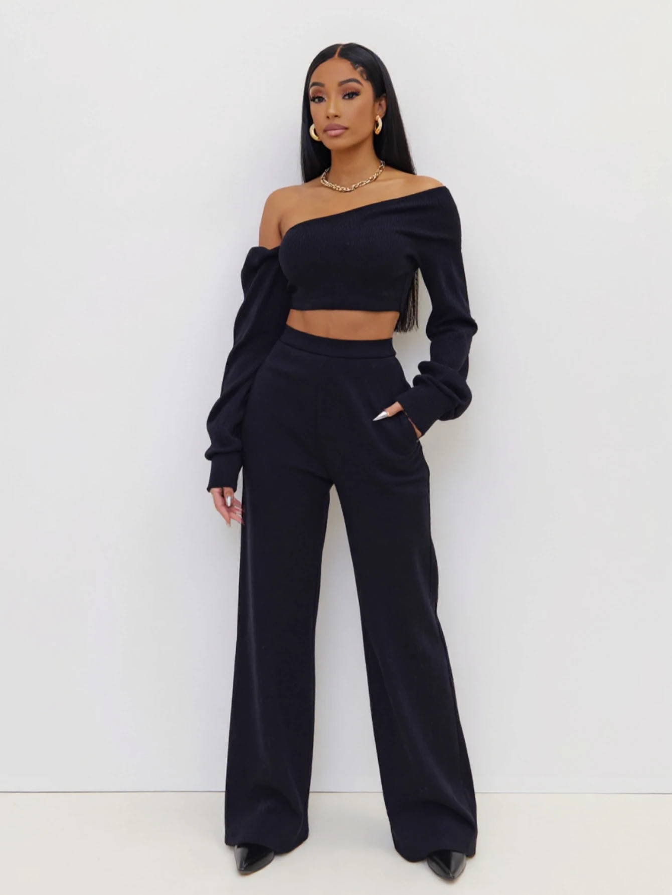 

Mia Muse Boutique женские комплекты осенние повседневные однотонные укороченные комплекты без бретелек с длинными рукавами и открытыми плечами повседневные брюки полной длины