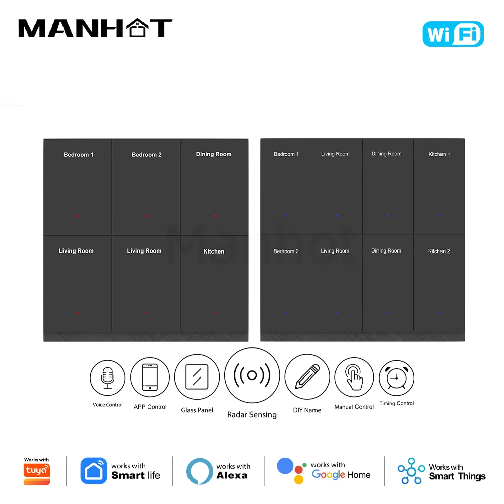 MANHOT WiFi Smart DIY Name Switch 1/2/3/4/6/8Gang Smart Glass Panel Push Button Switch With Radar Sensing Work With Tuya Smart