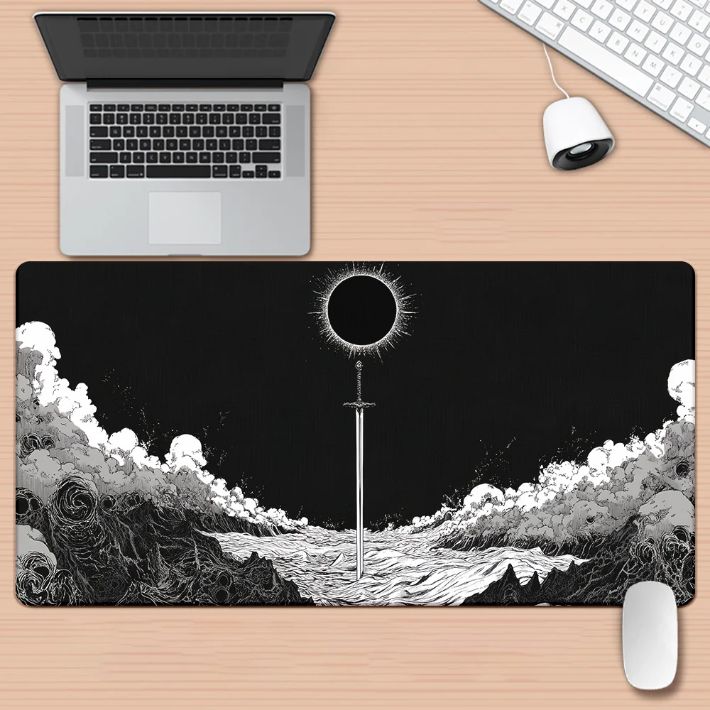 Ukiyo-e Eclipse dan Pedang Samurai Mouse Pad Desk Mat Gaming Mat Karet Anti Selip Aksesori Meja Tahan Lama Keyboard Desktop Pad
