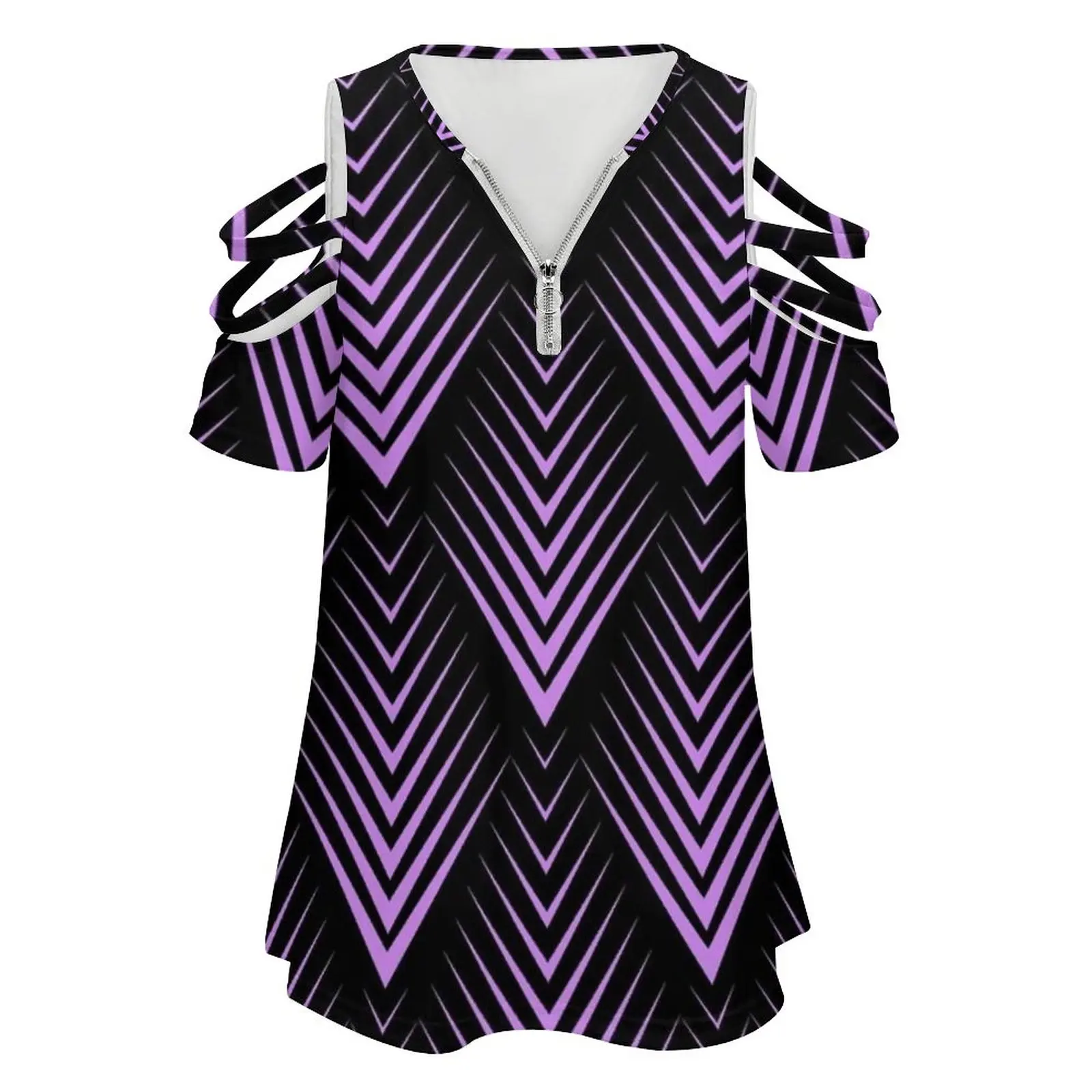 Purple And Black Art-Deco Pattern Women Zipper Various styles Printed T Shirts Tops Full Print T-Shirt Art Purple Black Pattern