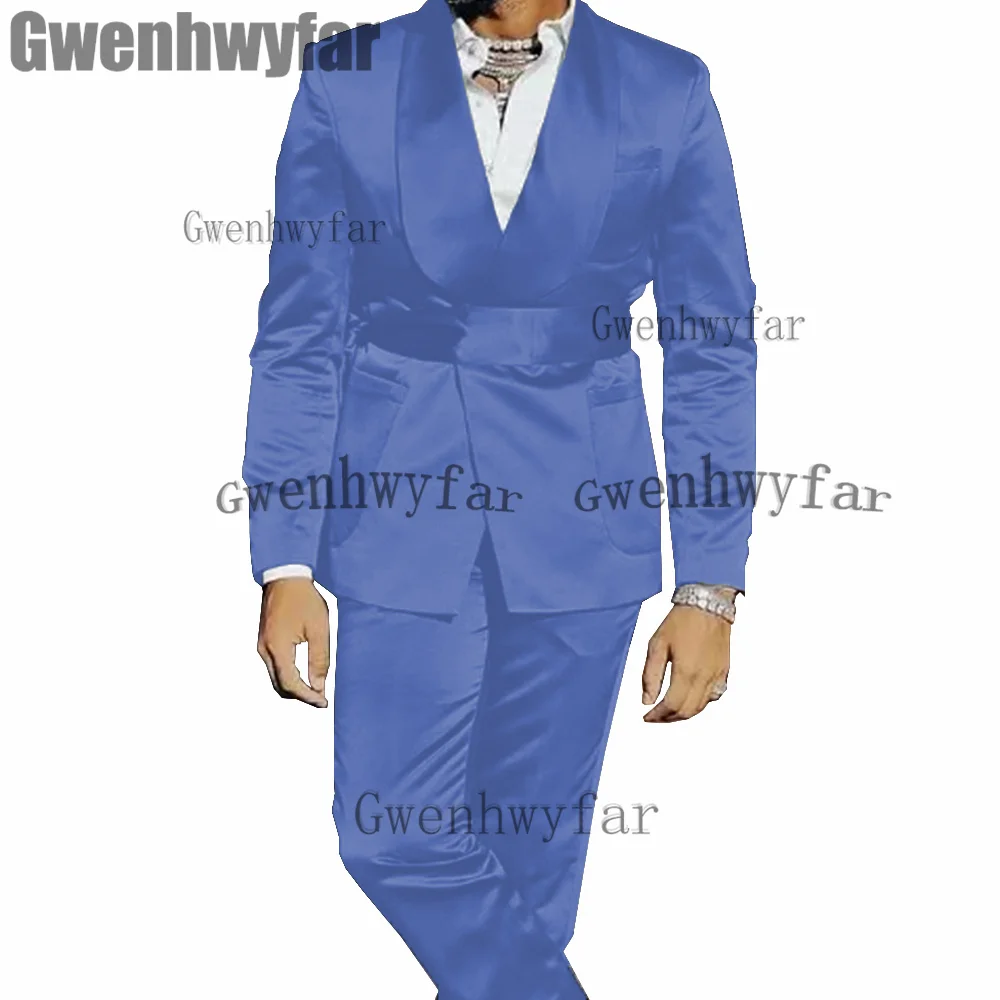 Gwenhwyfar High Quality Men\'s 2 Piece Suit Satin Wedding Tuxedo Party Dress Slim Fit Fashion Banquet Jacket Sets (Blazer+Pants)