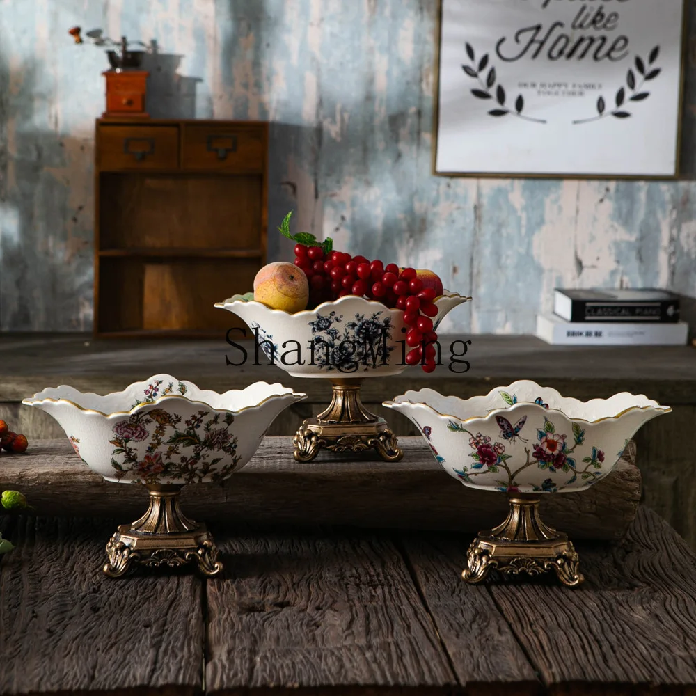 SM retro ceramic fruit plate villa living room home high-footed dried fruit plate creative home ornament