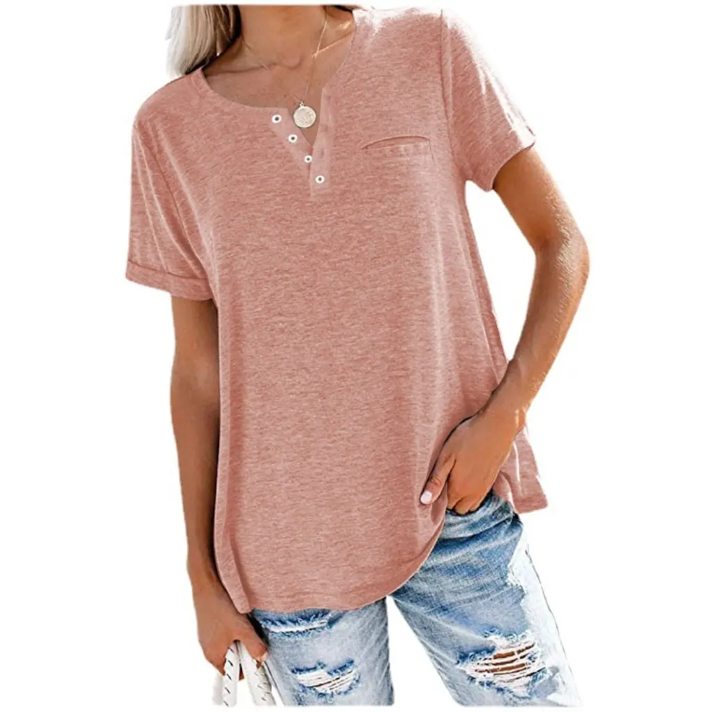 

Women's V-neck T-shirt Short Sleeve Pocket Design Loose Fit Spring Summer Top for Independent Station Europe US