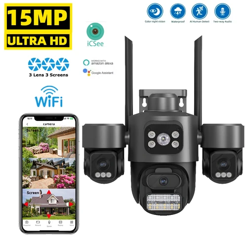 Cámara IP WIFI HD de 15MP con tres pantallas y tres lentes, cámara de doble lente de 10MP, seguimiento automático IP66, cámara de seguridad de vídeo CCTV impermeable iCsee