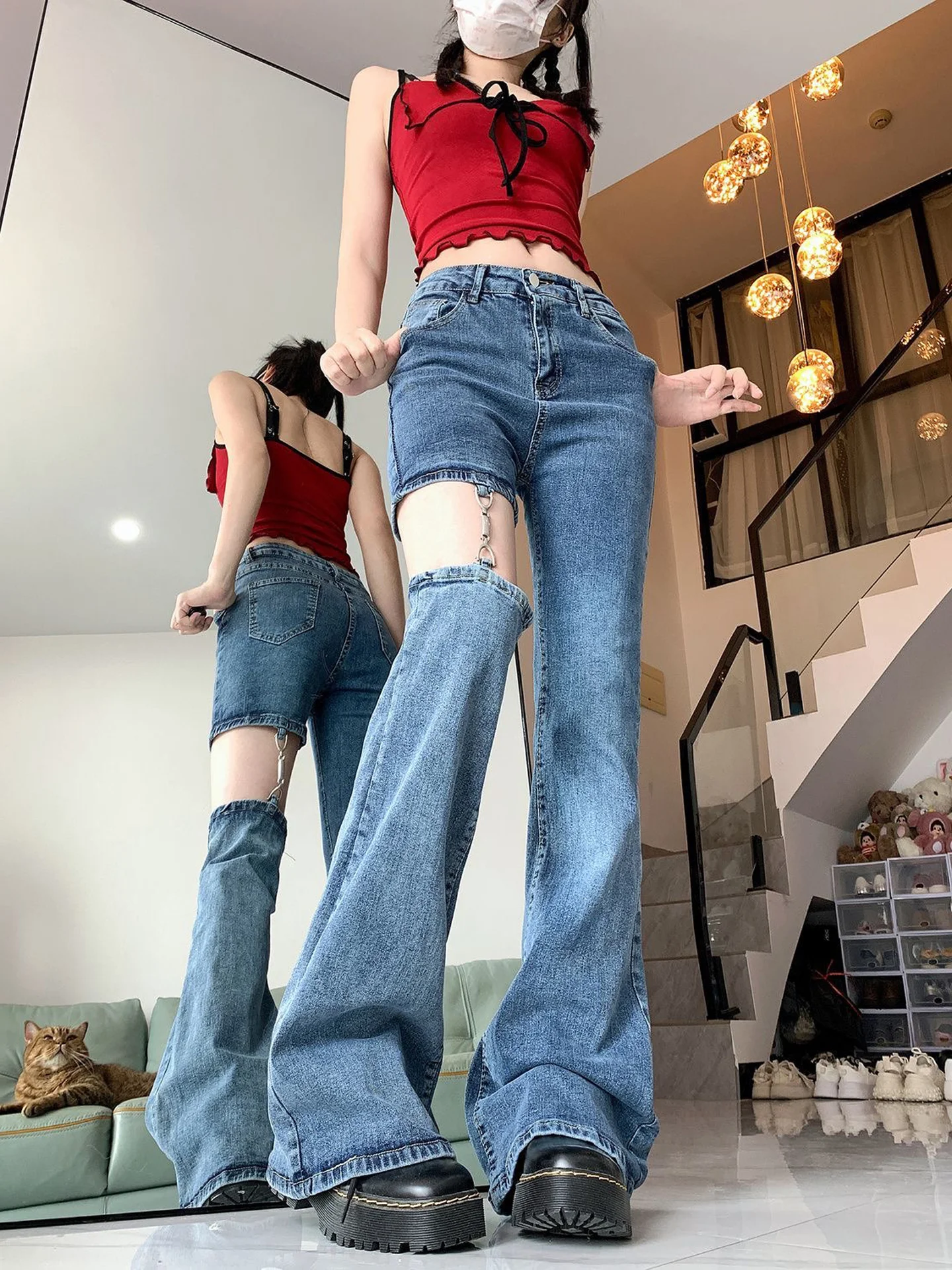 Detachable Hollow out Denim Jeans Women's High Waist Slimming Micro Flared  Hoof Pants Autumn New Style American Style