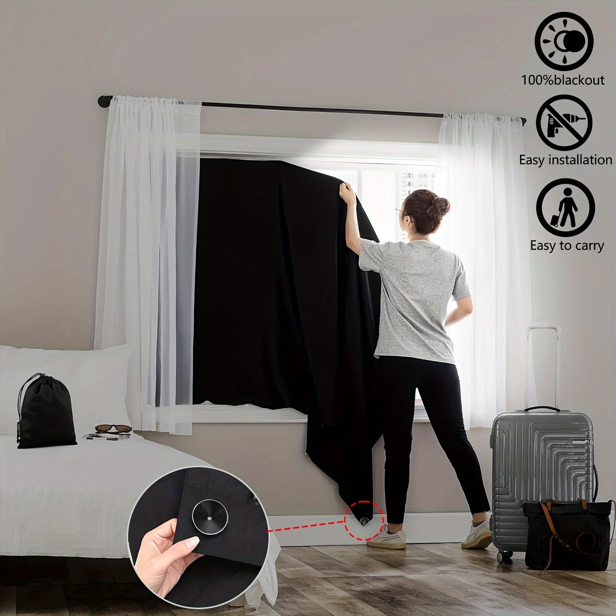 

1Panel Full Blackout with Suction Cup, Thin and Portable Curtains, Black Film Lining, Adjustable Size, Blackout Curtains for Travel, Business Trip, Hotel Bedroom Balcony to Block Privacy, Turning in the Room, Plain Four Colors to Choose from