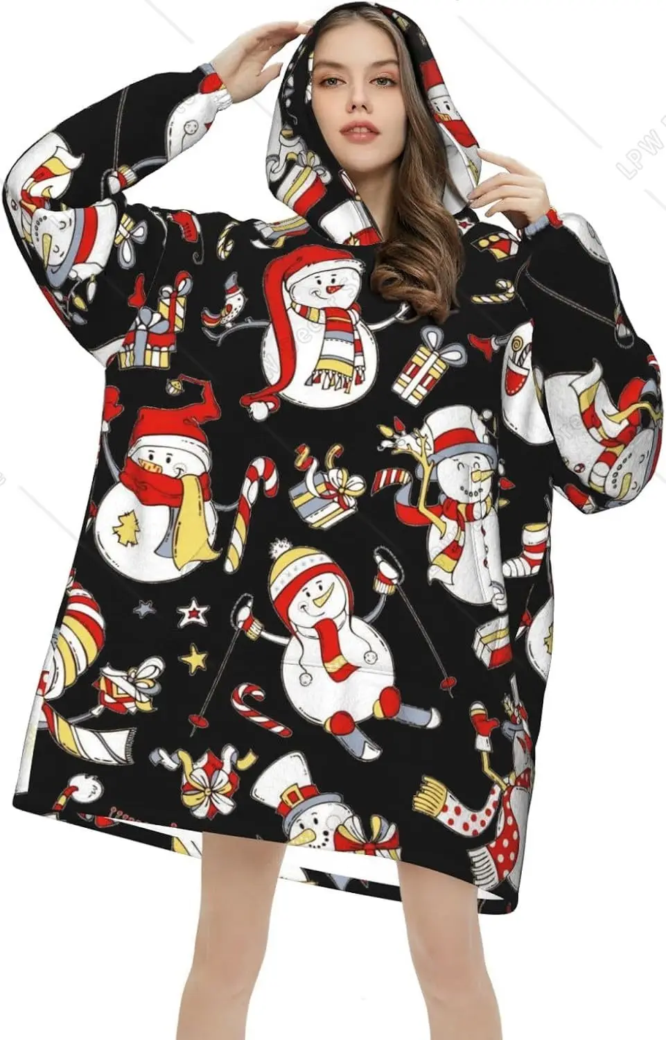 Black Hand Drawn Christmas Snowman Print Hooded Wearable Blanket Adult Flannel Hooded Blanket Sweatshirt Soft Warm With Pockets