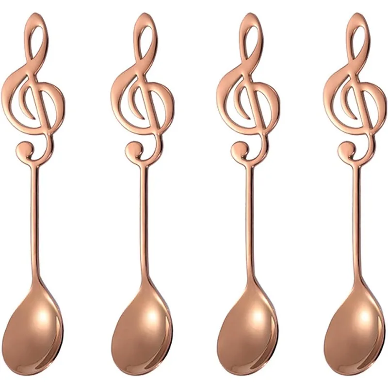 4Pcs Serving Coffee Spoons Stainless Steel Sugar Cake Tableware Tea Dessert Musical Note Teaspoons set (Rose Gold, Small) view 5