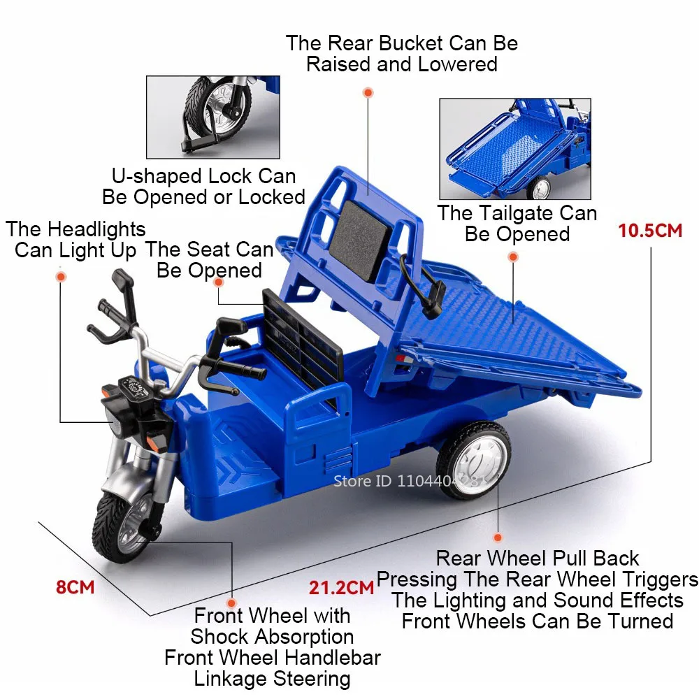 1:12 Scale Tricycle Models Diecast Models Toys Alloy Car Shock Absorption Sound Light Pull Back Vehices for Boys Educational Toy