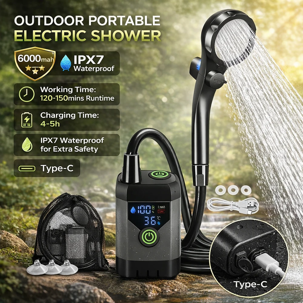 

Портативный душ для кемпинга, 6000 мАч, перезаряжаемый, с LED-дисплеем, простой электрический мобильный душ для улицы