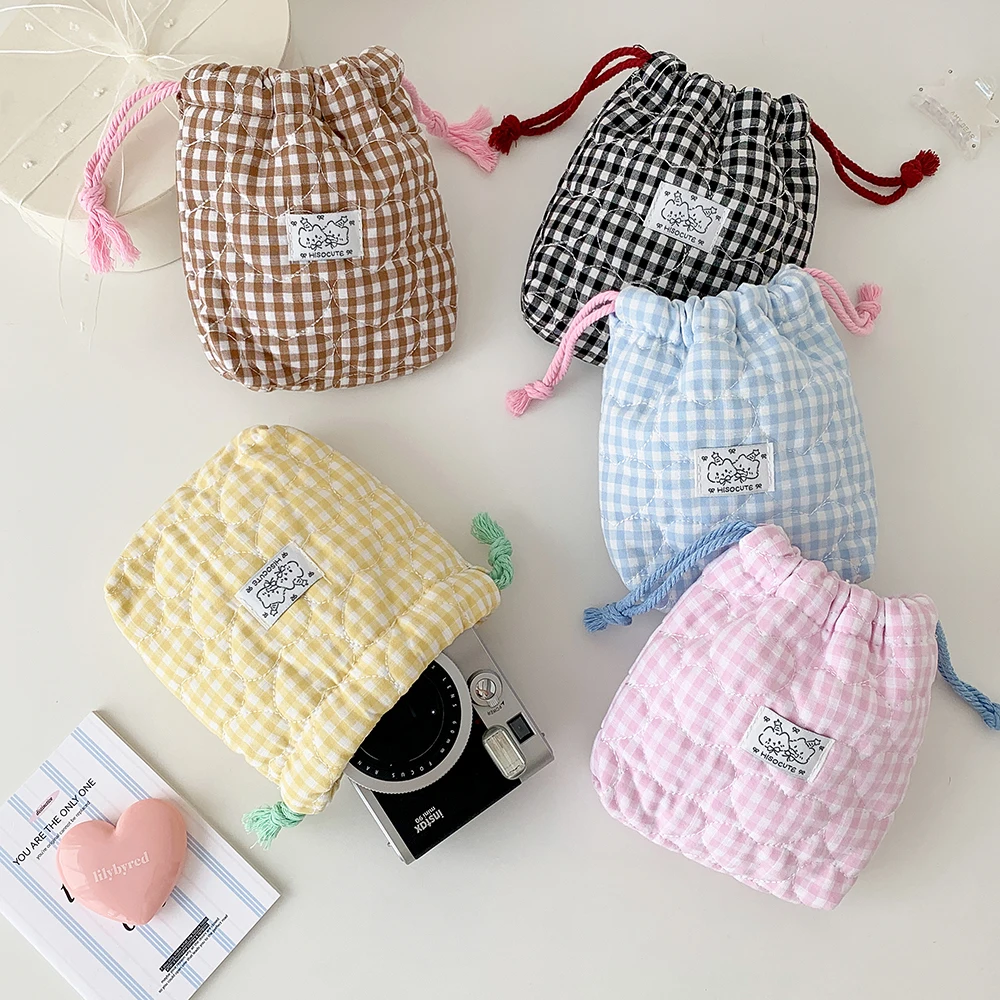 INS Fashion Simple Solid Color Grid Drawstring Makeup Bag Cute Girl Large Capacity Portable Travel Storage Washbag Women's Gift