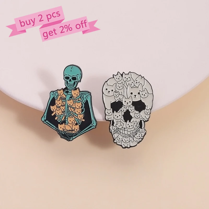 Punk Skull Cat Enamel Pins Custom Cute But Creepy Brooches Lapel Badges Clothes Animal Jewelry Gift for Kids Friends