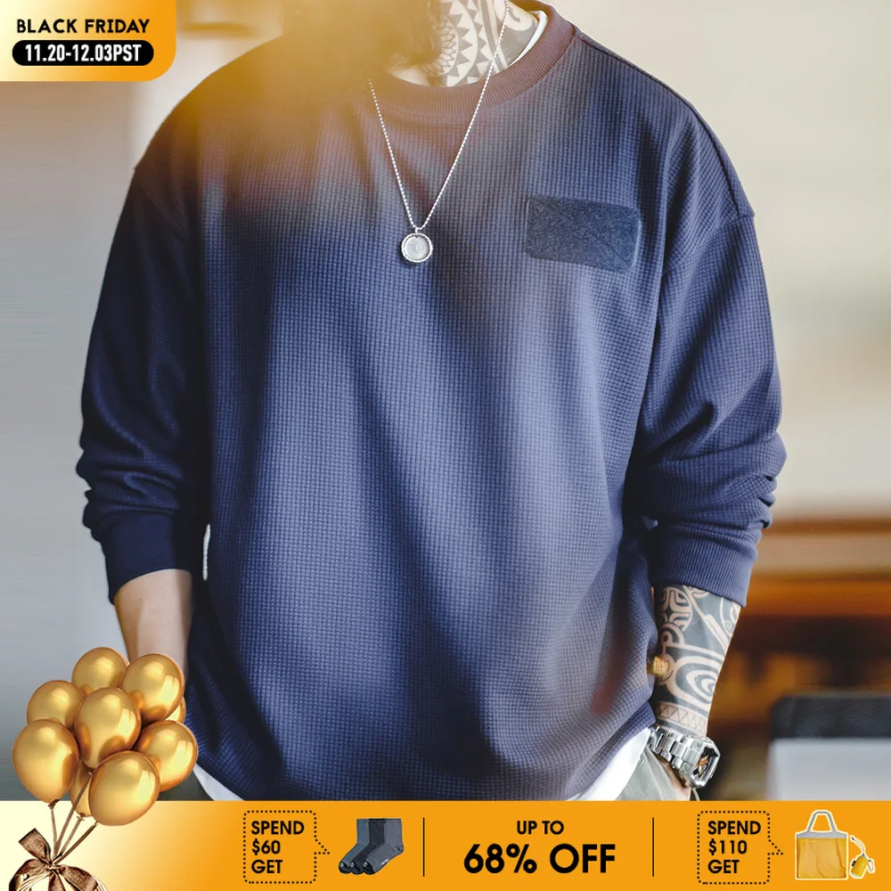 

Maden Мужская футболка с длинными рукавами и опущенными плечами вафельная ткань круглый вырез повседневный универсальный свитер для весны и осени мягкая удобная однотонная футболка