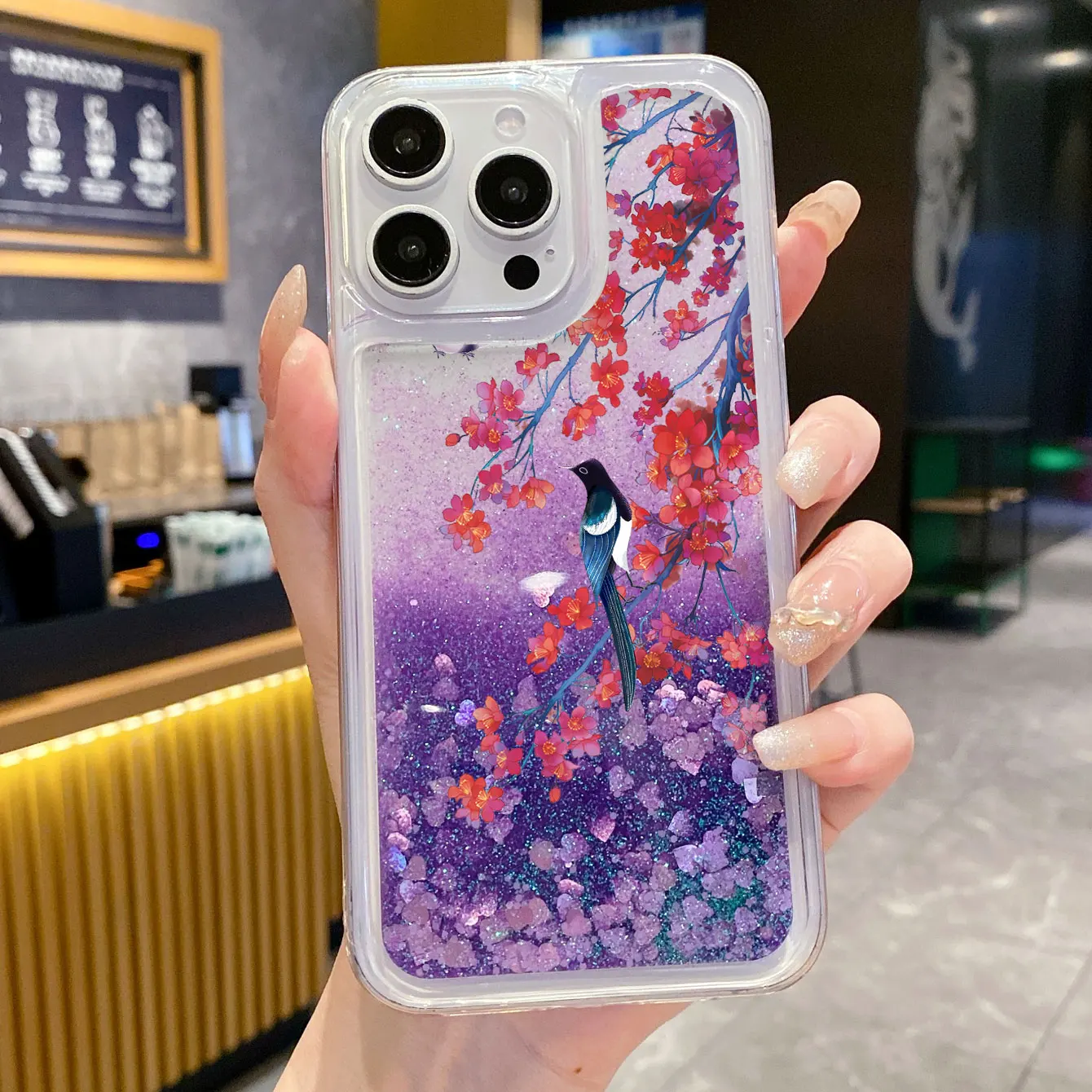 Coque de téléphone transparente de luxe en fleurs de cerisier, liquide dynamique, sable mouvant, pour iPhone 15 14 13 12 11 Pro Max, couverture arrière à paillettes