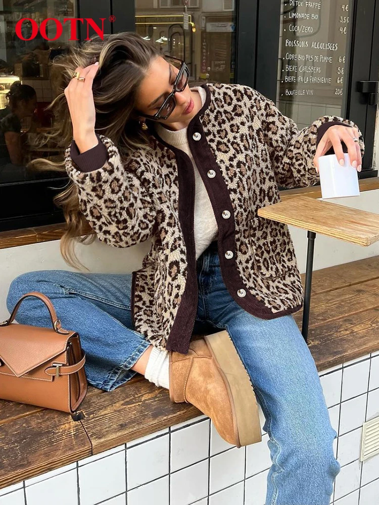 OOTN Polar Fleece Warm Leopard Print Coats Women Street Style Patchwork Pockets Long Sleeves Outerwear Autumn Winter 2024 Ladies