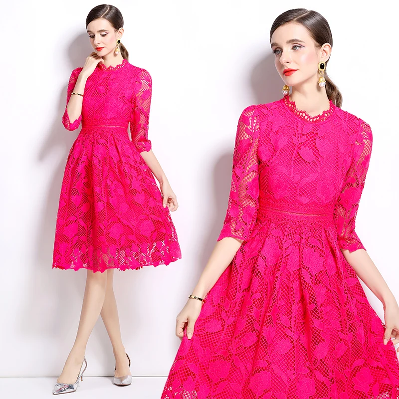 Vintage Autumn Rose Red Water Soluble Lace Flower Knee Dress Fashion Women Stand Collar Hollow Out High Waist Slim Party Clothes