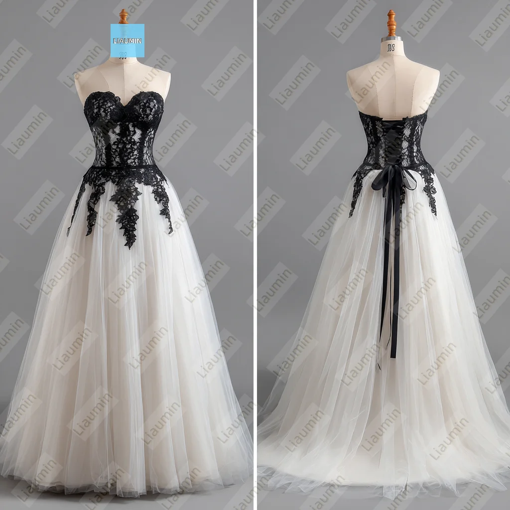 

Simple Ivory Tulle Black Lace Applique Strapless Floor Length Evening Prom Wedding Formal Dress Lace-Up Back Customized A7-1.89