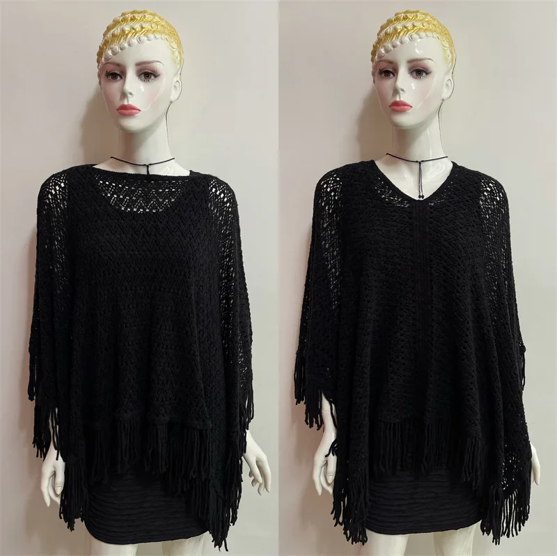 

2022 Spring Hanging Dyed Shawl Tassels On Four Sides Gradient Color Wavy Pattern Loose Large Knitted Hollow Pullover Black