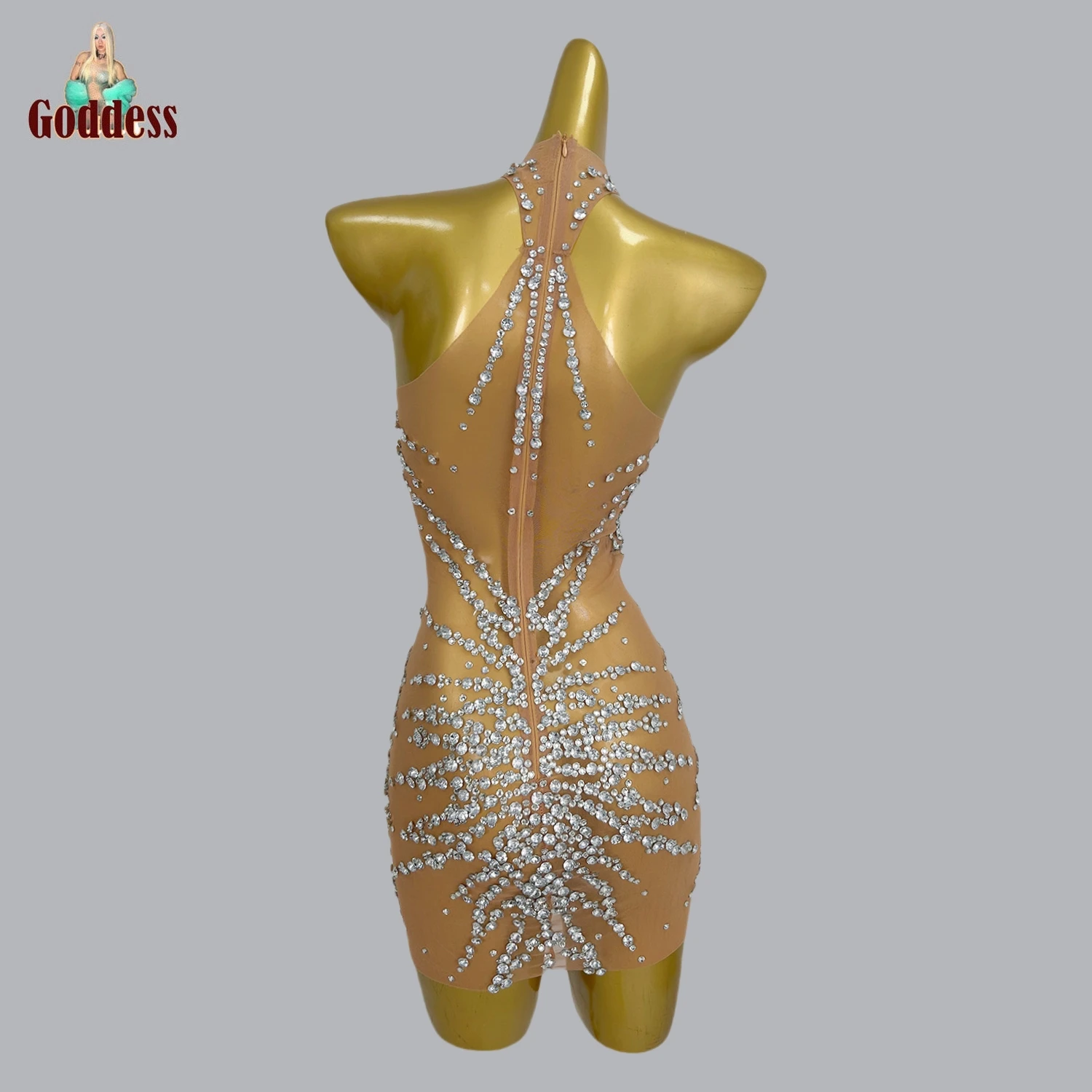 Women's Special Evening Bling Rhinestones Mini Dress Club Dancing Floor Hot Dance Dress Sheer Mesh Birthday Prom Photograph Wear