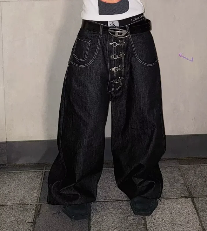 

Женские джинсы с металлической пряжкой и изогнутым широким кроем, прямые джинсовые брюки с высокой талией, женские винтажные брюки в уличном стиле w74