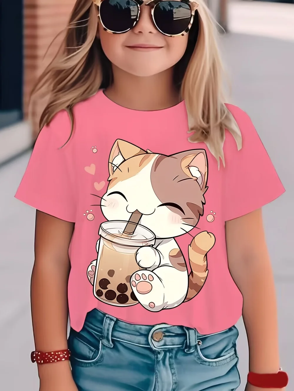 تي شيرت Kawaii Cat للفتيات، ملابس أطفال، طباعة ثلاثية الأبعاد، بلوفر برقبة دائرية، كم قصير، ملابس مريحة #1