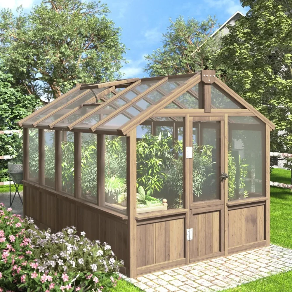 6x10FT Wooden Greenhouse, Greenhouse for Outdoors with Cedar Frame, 4-Layer Polycarbonate Panel Green House with Adjustable Vent