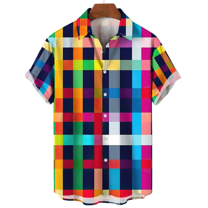 Cool Hawaiian Rainbow Colorful Plaid Shirt For Man Oversized 3d Fashion Causal Short Sleeve Simple Button Beach Clothing Summer