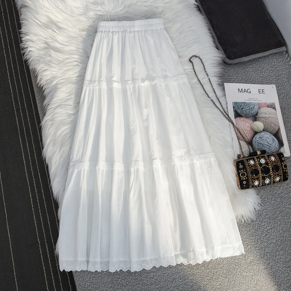 

White Lace Splicing Cake Skirt Women's Summer New High Waist Thin Medium and Long A-shaped Skirt Long Skirts for Women