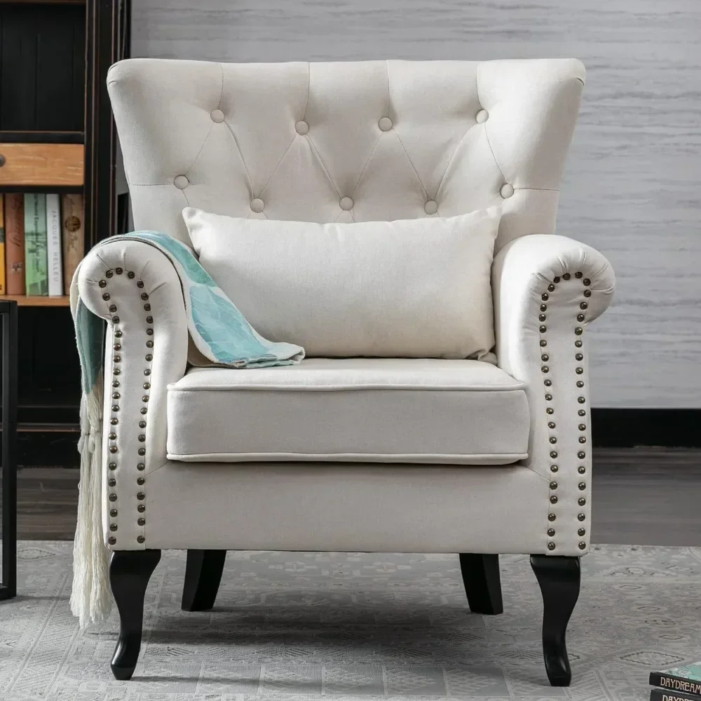 

#Fabric chair, tufted treasure seat, medieval accent wing back chair, upholstered seat, wooden leg