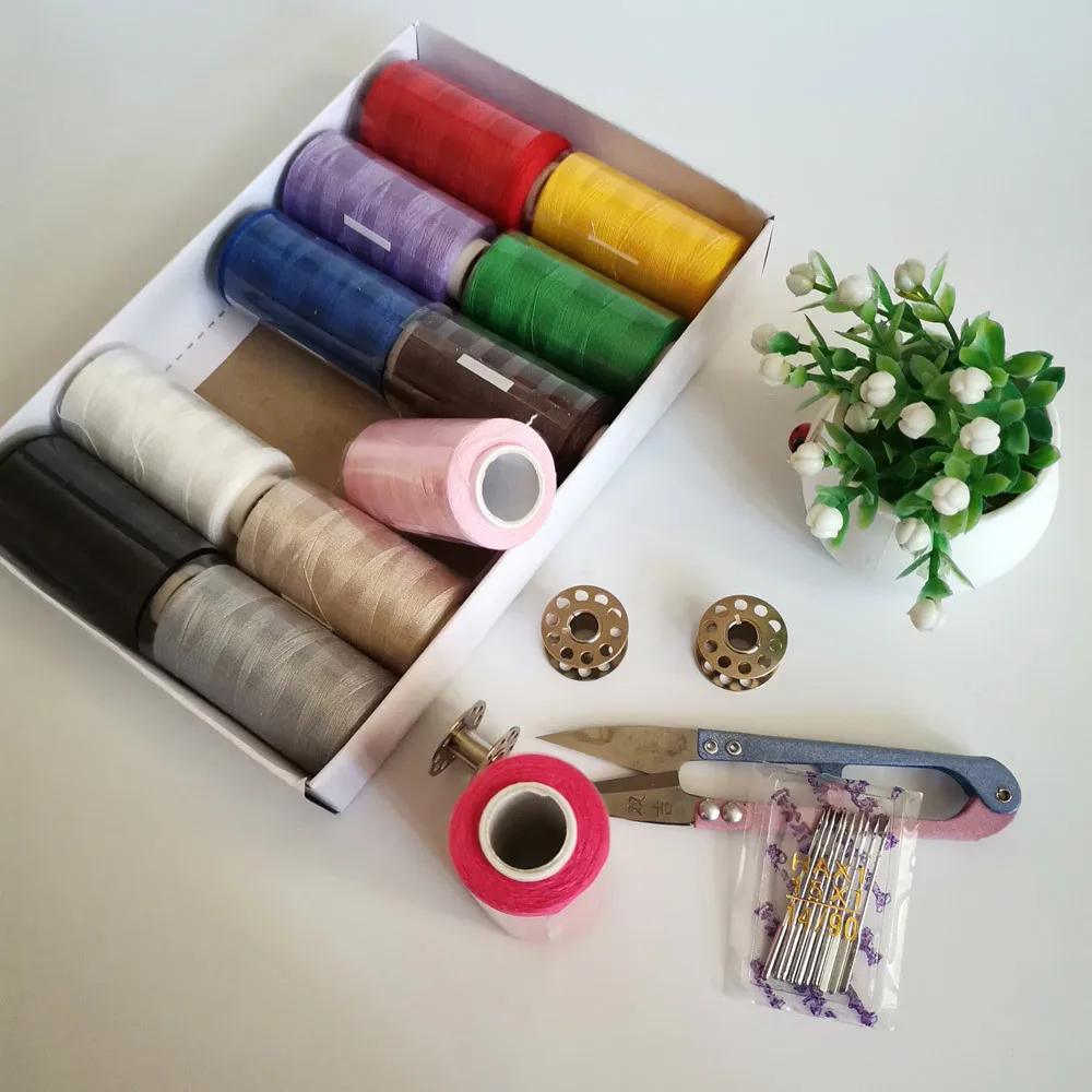 350 متر الحياكة البوليستر آلة الخياطة الموضوع مجموعة المعادن بكرات مقص DIY بها بنفسك الخياطة اكسسوارات ل المغني BROTHER Janome JUKI
