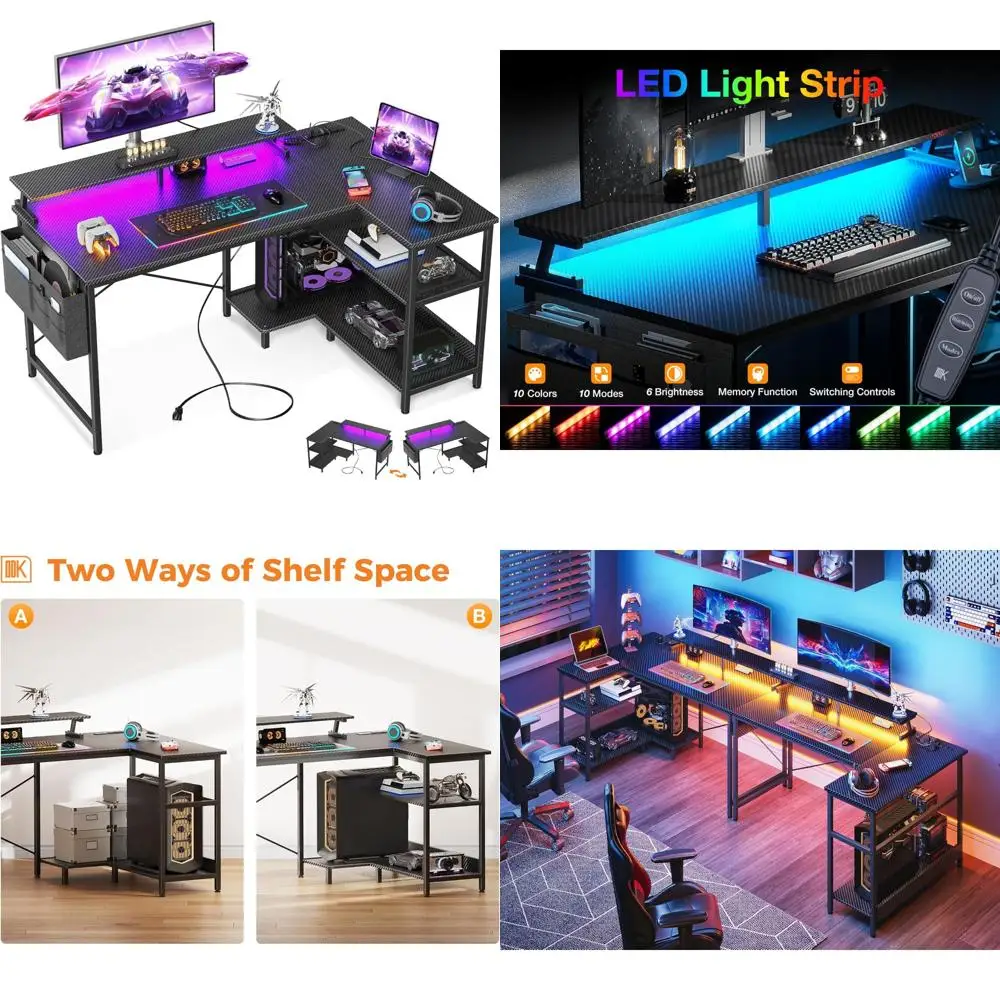 

L-Shaped 48 Gaming Desk with USB Ports, LED Lights, Storage Shelves and Monitor Stand