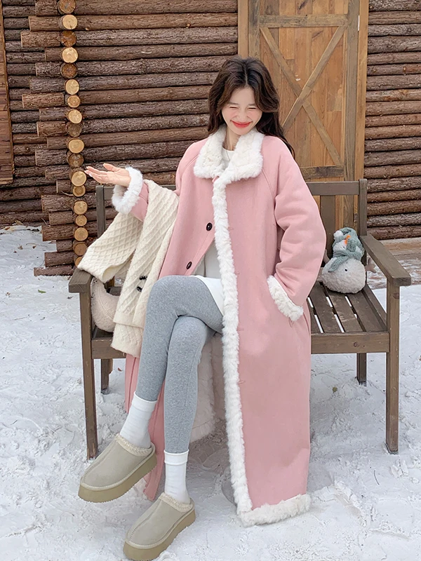 Rosa Doppelseitiger Lammfell-Mantel für Damen, Langer Herbst-Winter-Mantel, Neues Design, Warme Dicke Leder-Pelzjacke