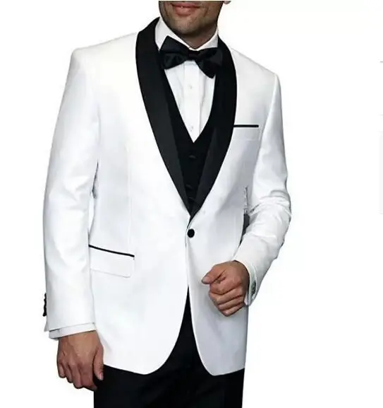 Tuxedos de marié blanc à un bouton, costume de marié à revers noir (veste + pantalon + gilet + nœud papillon)