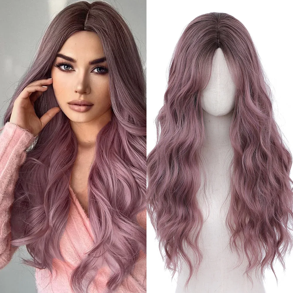 

European and American wig full headgear pink air bangs eight-character bangs big wave water ripple hair cover