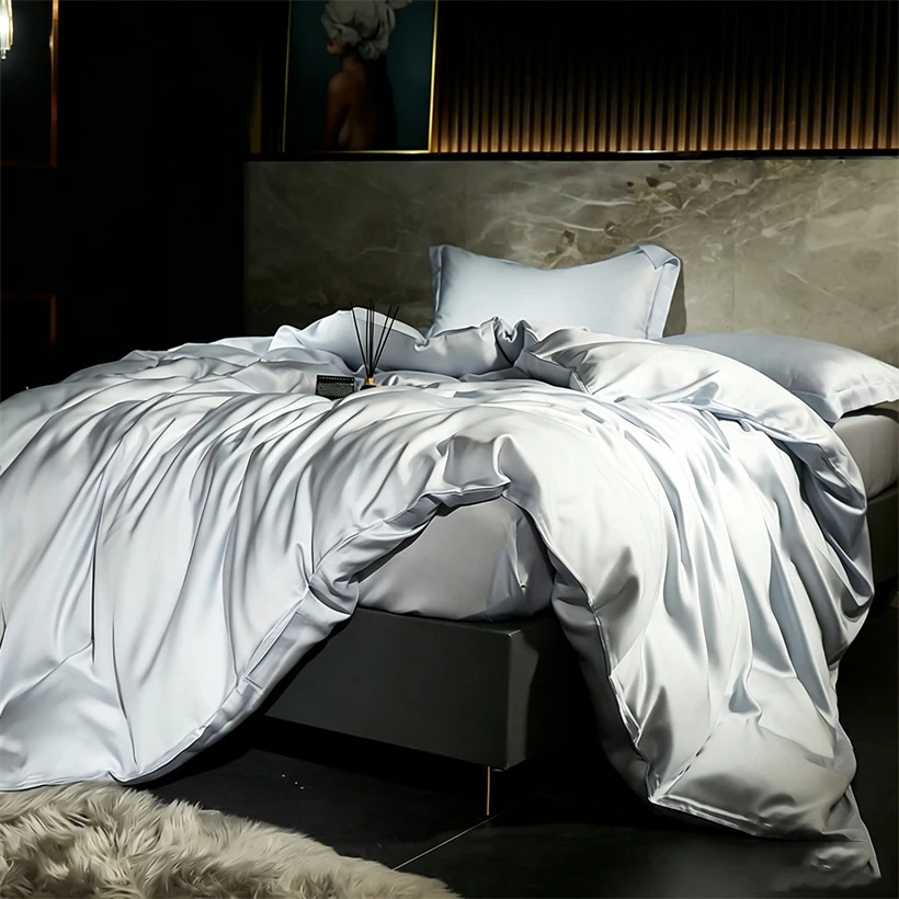 Solid 100% Silk Bedding Set with Duvet Cover Flat Bed Sheet Pillowcase Luxury Mulberry Silk Bedsheet Bed Linen Soft Quilt Cover