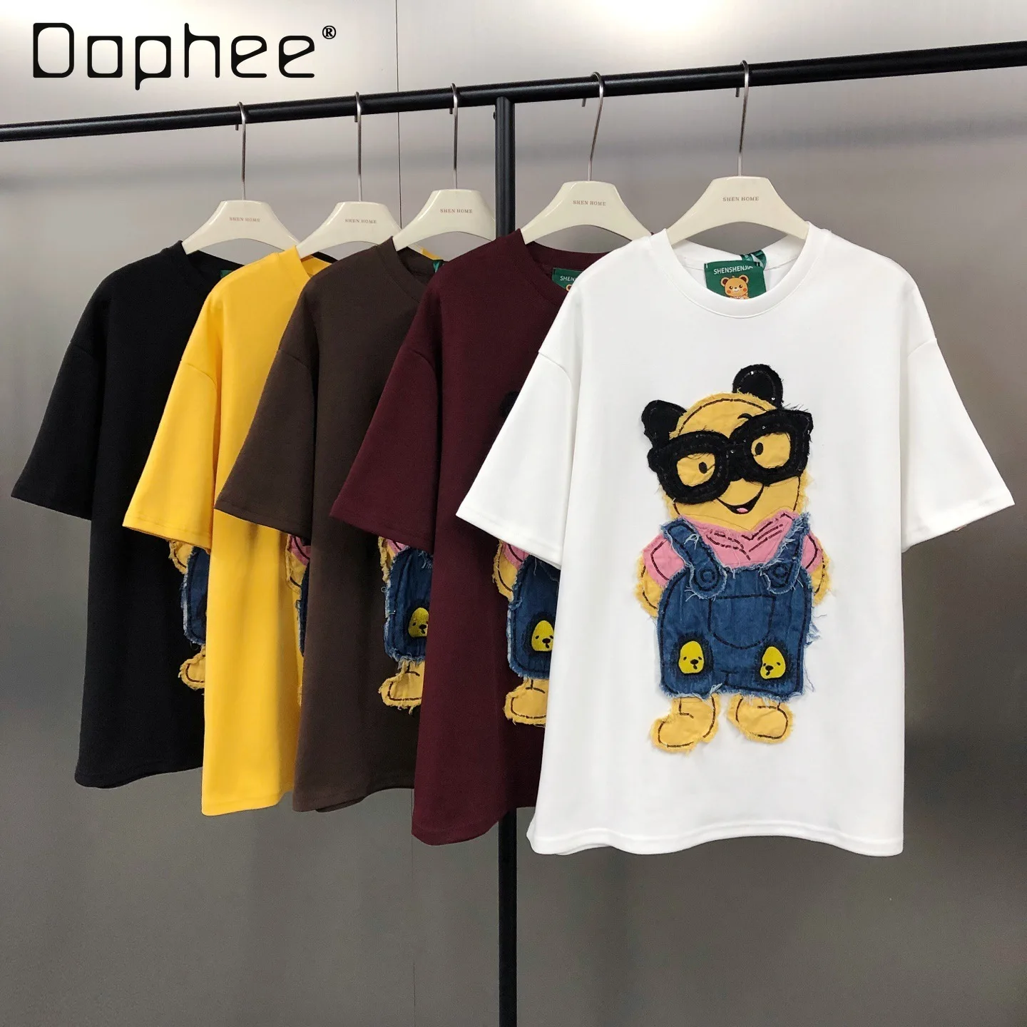 

Japanese Style Fashion Bear Patch Embroidery Trend Oversize Round Neck Short Sleeve T-Shirt Trendy Women's Clothing